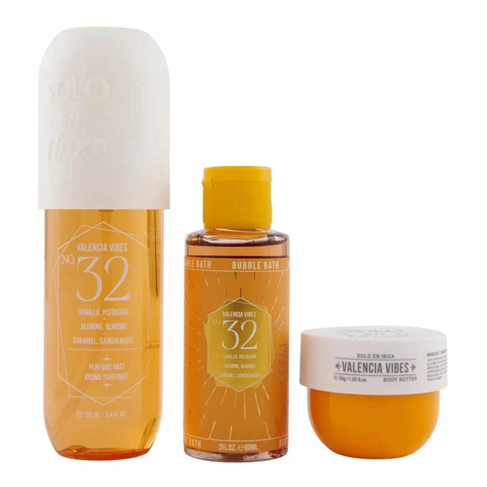 Solo En Ibiza Valencia Vibes Travel Bath & Body Gift Set - Vanilla, Pistachio & Caramel (3-Piece Set with Clear Toiletry Bag)