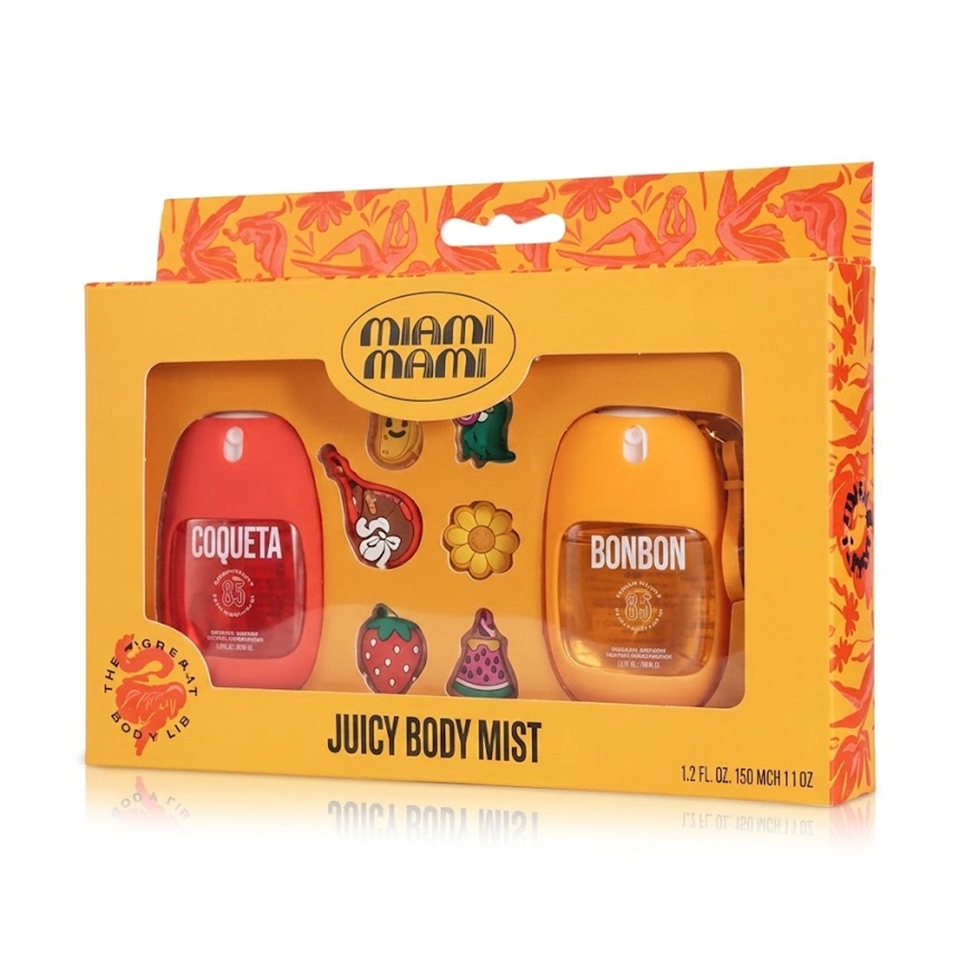 Miami Mami Juicy Body Mist Gift Set – 2-Pack Fragrance Sprays (Coqueta & Bonbon, 1.7 oz) with Cute Collectible Charms
