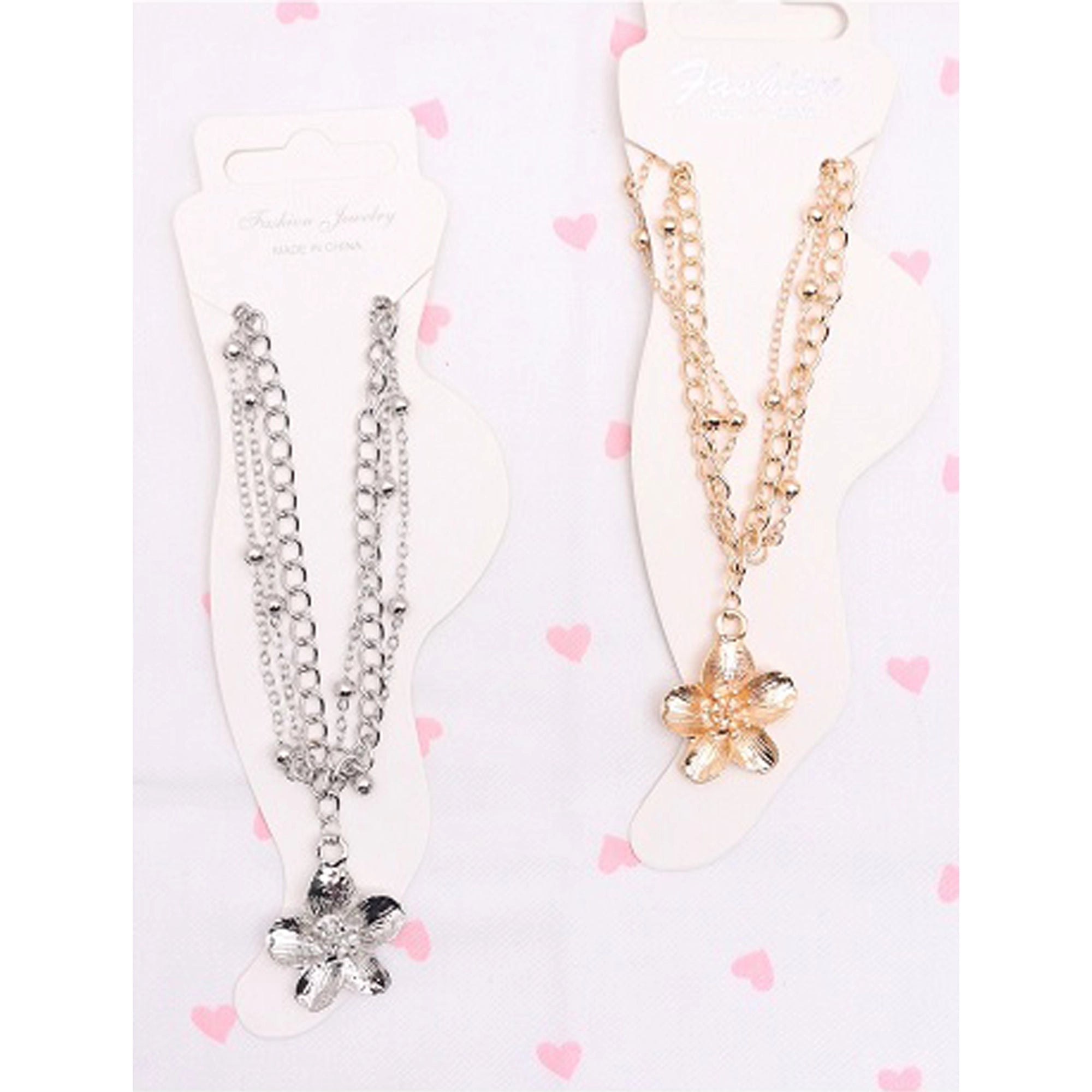 Layered Flower Charm Anklet - Multi-Strand Boho Ankle Bracelet (Gold & Silver) (AAK3001)