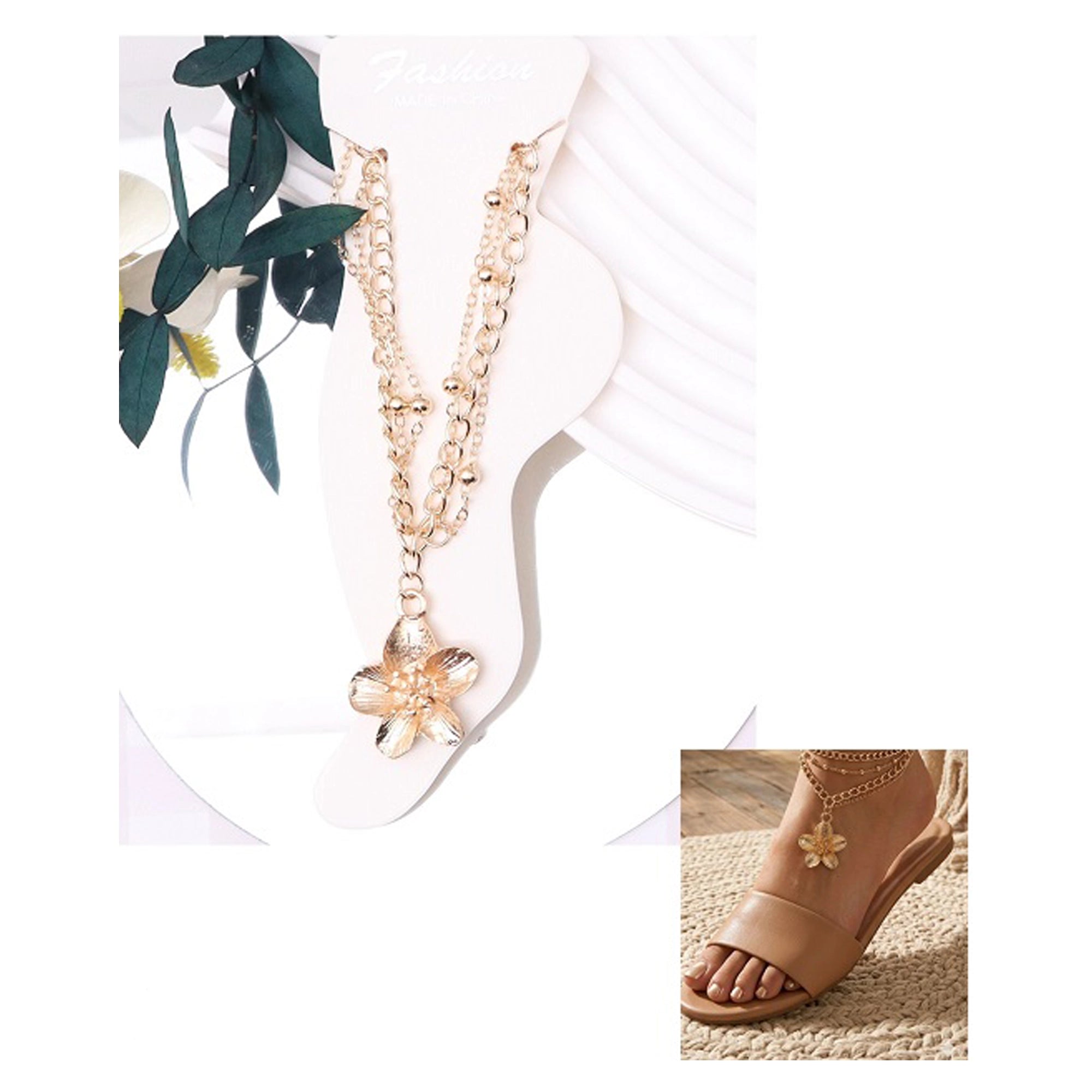 Layered Flower Charm Anklet - Multi-Strand Boho Ankle Bracelet (Gold & Silver) (AAK3001)