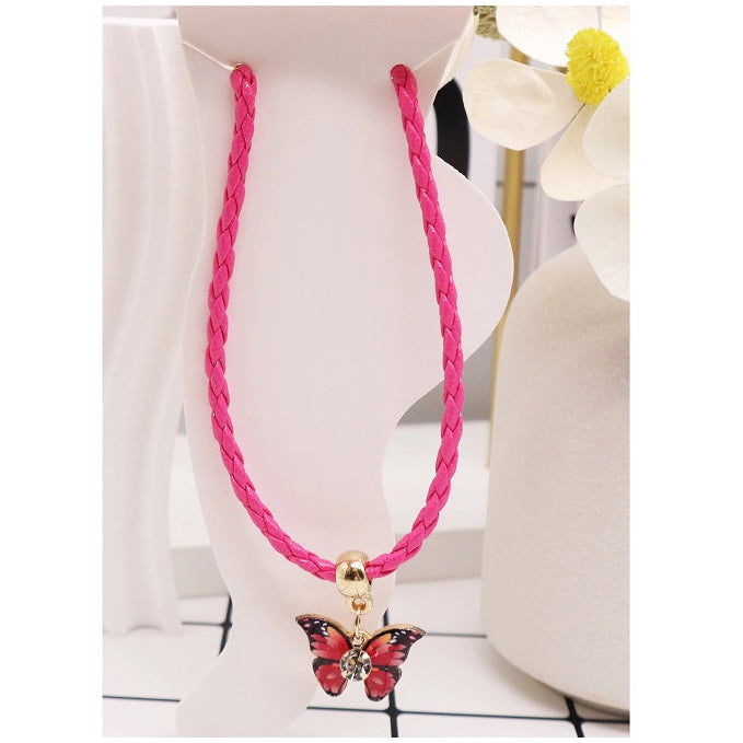 Butterfly Charm Braided Cord Necklace - Vibrant Leather Style Jewelry (AAK3006)