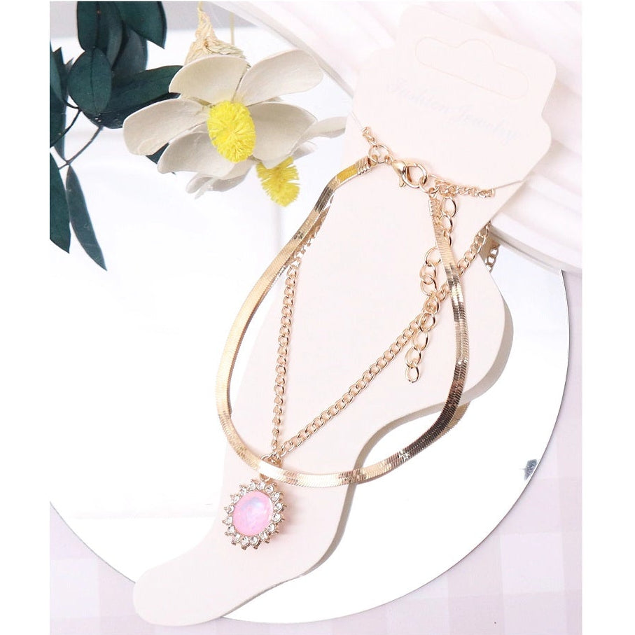 Elegant Double-Layered Herringbone Anklet with Iridescent Pendant (AAK3008)