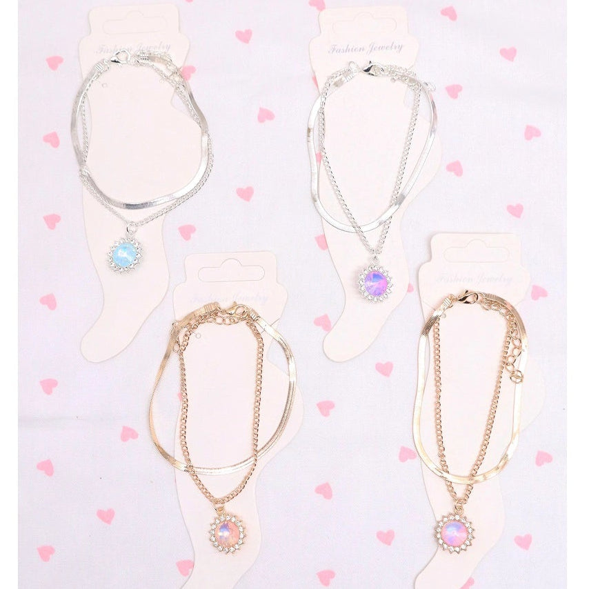 Elegant Double-Layered Herringbone Anklet with Iridescent Pendant (AAK3008)