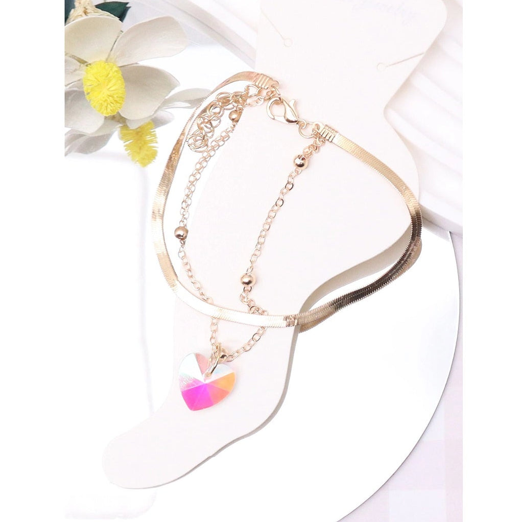 Double-Layer Heart Charm Anklet – Elegant Gold & Silver Snake Chain Jewelry (AAK3009)
