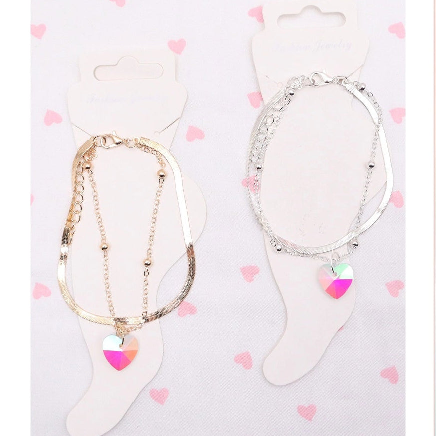 Double-Layer Heart Charm Anklet – Elegant Gold & Silver Snake Chain Jewelry (AAK3009)