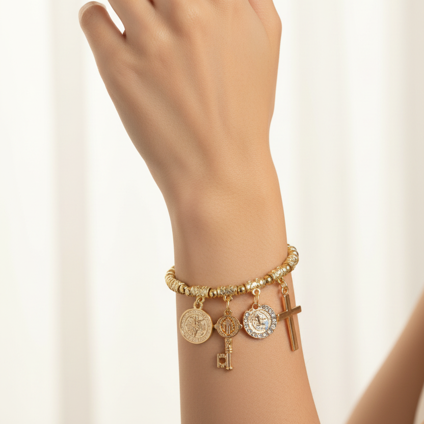 Religious Charm Stretch Bracelet with Saint Benedict Medal, Key & Cross Charms (ABR1094)