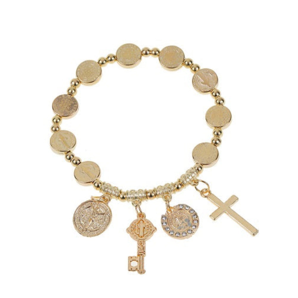 Religious Charm Stretch Bracelet with Saint Benedict Medal, Key & Cross Charms (ABR1094)