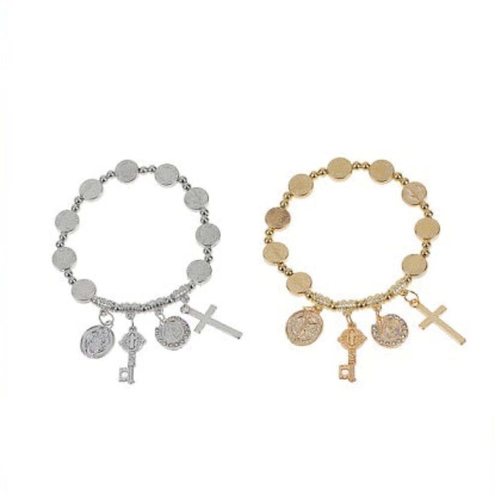 Religious Charm Stretch Bracelet with Saint Benedict Medal, Key & Cross Charms (ABR1094)