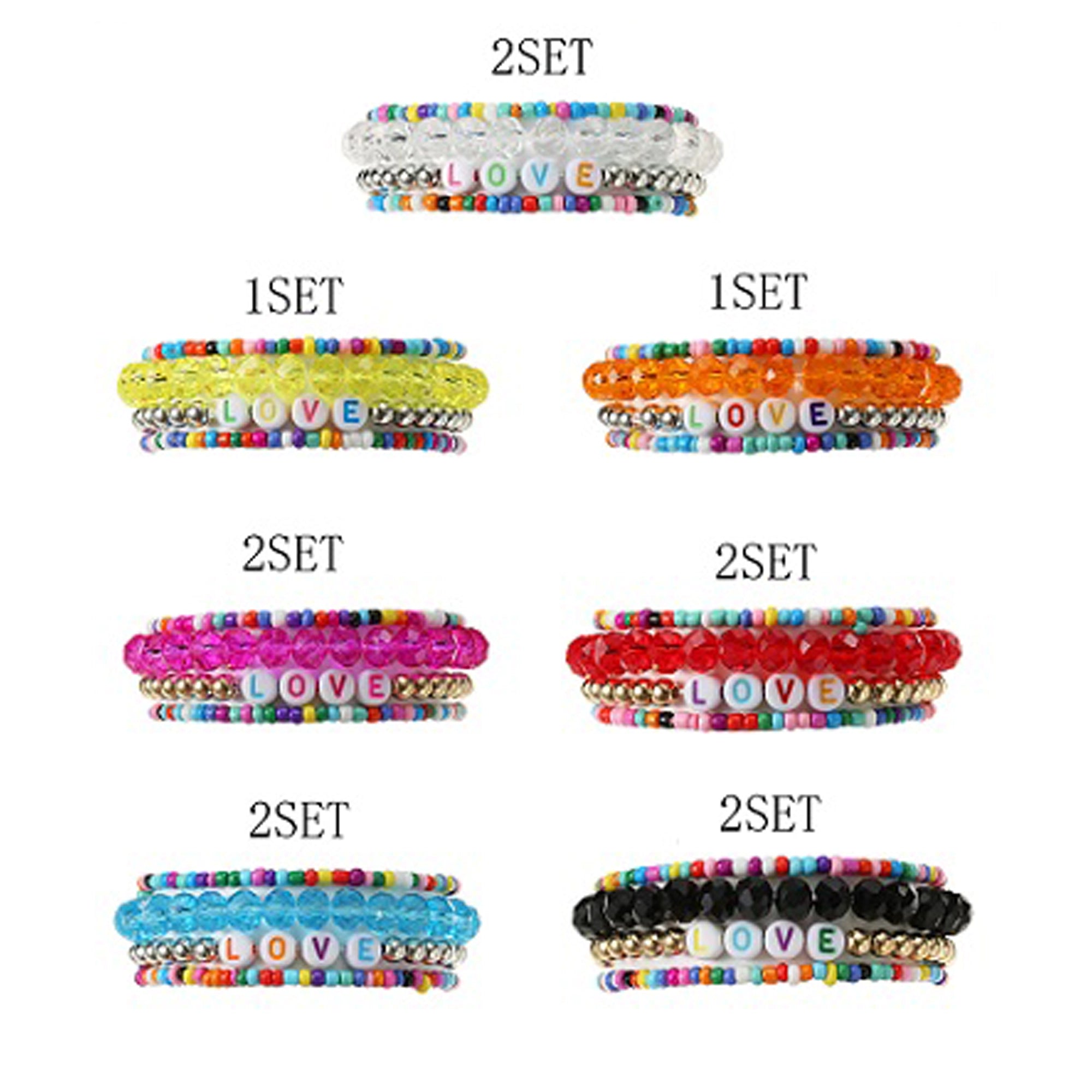 Colorful Beaded "LOVE" Letter Bracelet Set – Stackable Rainbow Crystal Charm Bracelets (ABR1218)