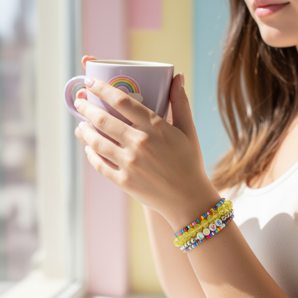 Colorful Beaded "LOVE" Letter Bracelet Set – Stackable Rainbow Crystal Charm Bracelets (ABR1218)