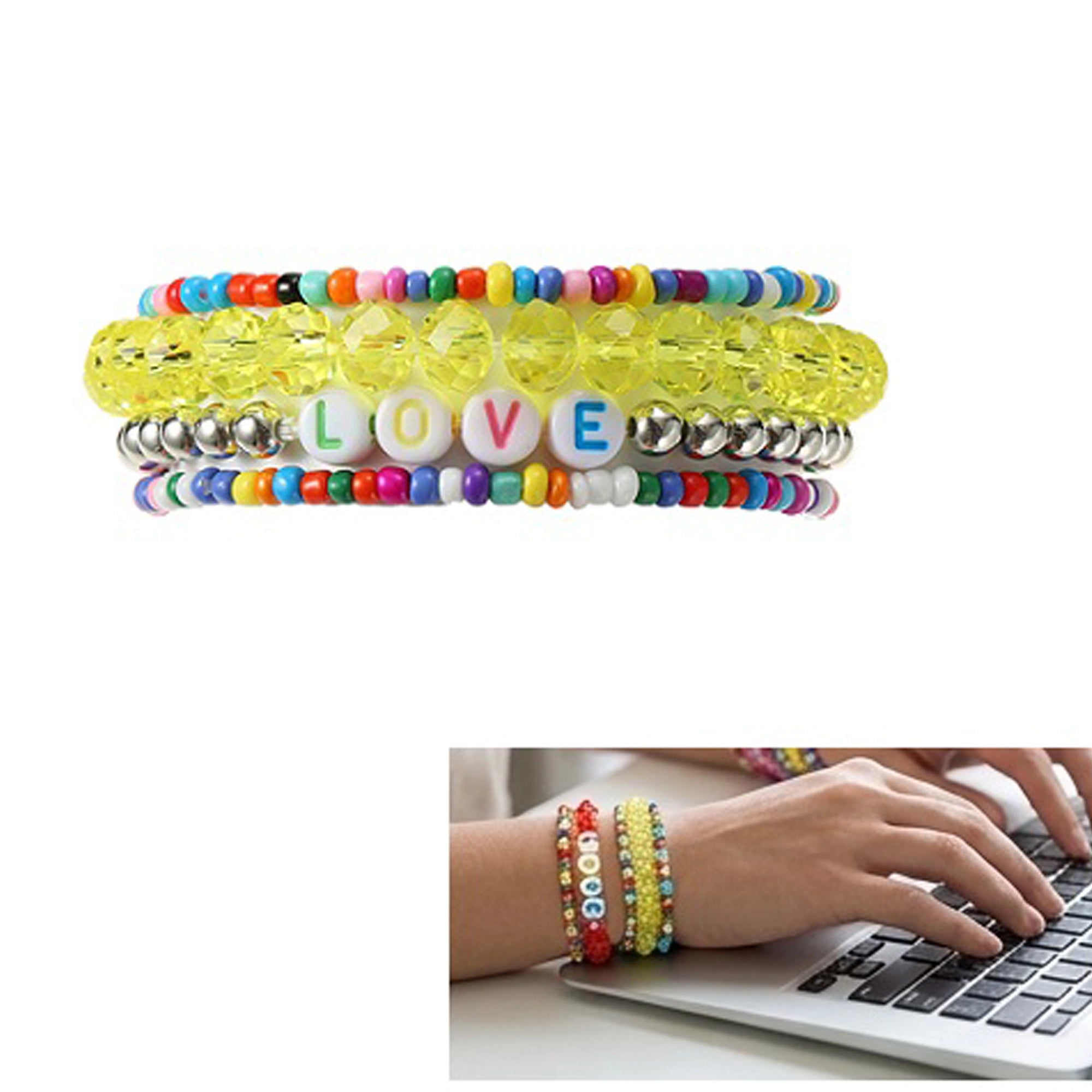 Colorful Beaded "LOVE" Letter Bracelet Set – Stackable Rainbow Crystal Charm Bracelets (ABR1218)