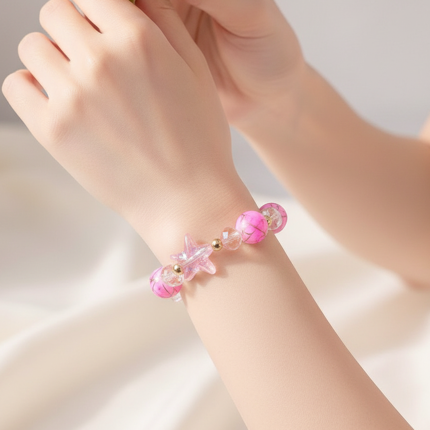 Enchanted Star Beaded Bracelet - Pink Marble & Iridescent Crystal (ABR1369)