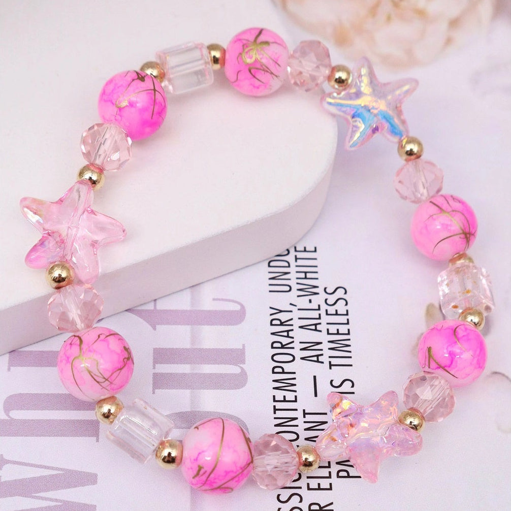 Enchanted Star Beaded Bracelet - Pink Marble & Iridescent Crystal (ABR1369)