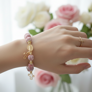 Religious Virgin Mary & Cross Charm Bracelet – Marbled Natural Stone Beads with Gold Accents – Spiritual Stretch Bracelet for Women (ABR1372)