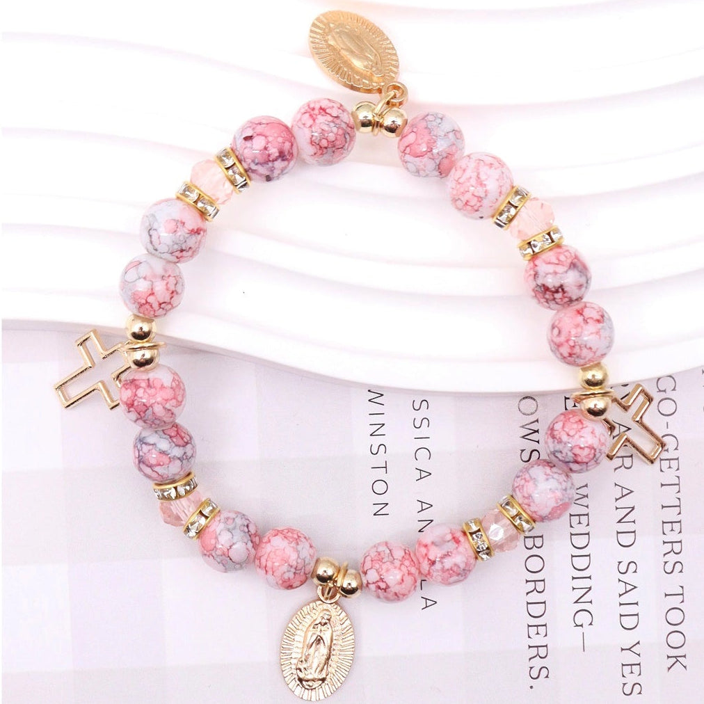 Religious Virgin Mary & Cross Charm Bracelet – Marbled Natural Stone Beads with Gold Accents – Spiritual Stretch Bracelet for Women (ABR1372)