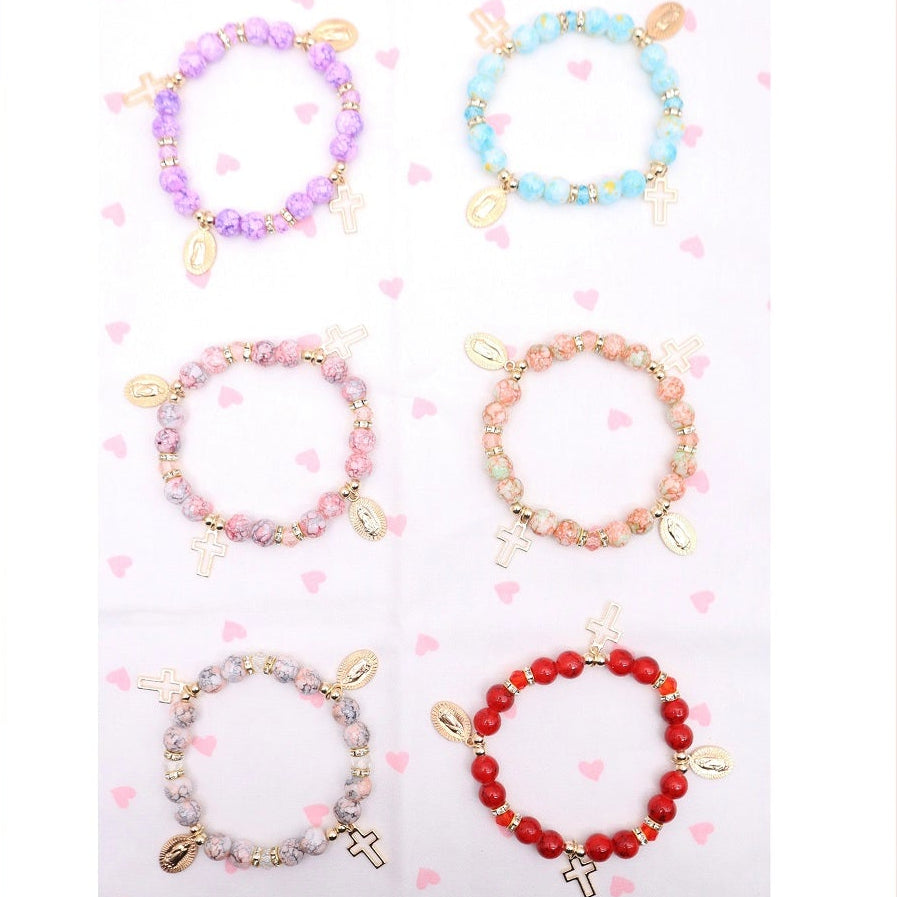 Religious Virgin Mary & Cross Charm Bracelet – Marbled Natural Stone Beads with Gold Accents – Spiritual Stretch Bracelet for Women (ABR1372)