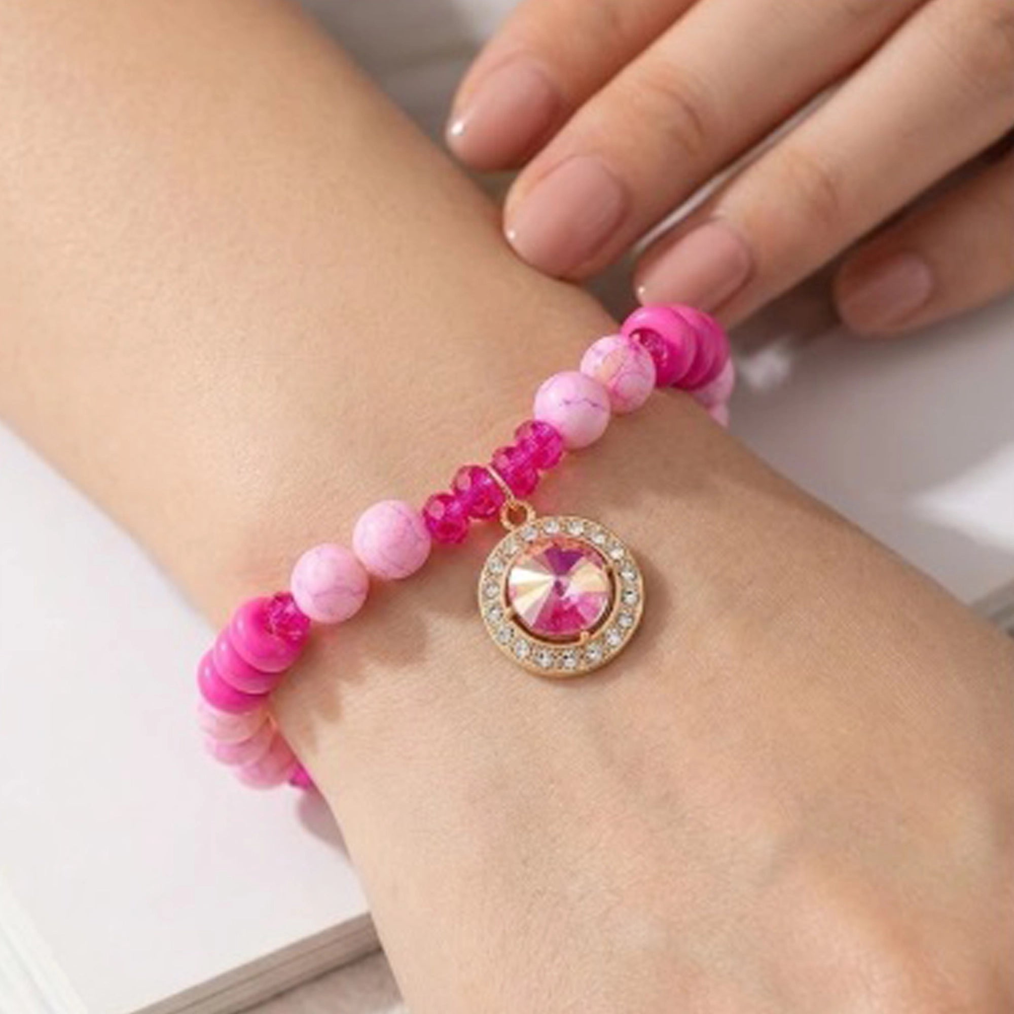 Bohemian Beaded Charm Bracelet Set – Stackable Crystal Rhinestone Pendant Stretch Bracelets for Women and Girls, Fashion Jewelry (ABR1375)