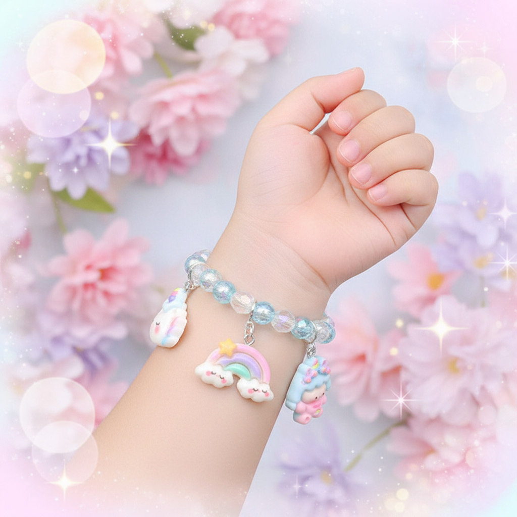 Cute Pastel Beaded Charm Bracelet Set for Girls – Kawaii Unicorn, Rainbow & Bear Charms (ABR1377)