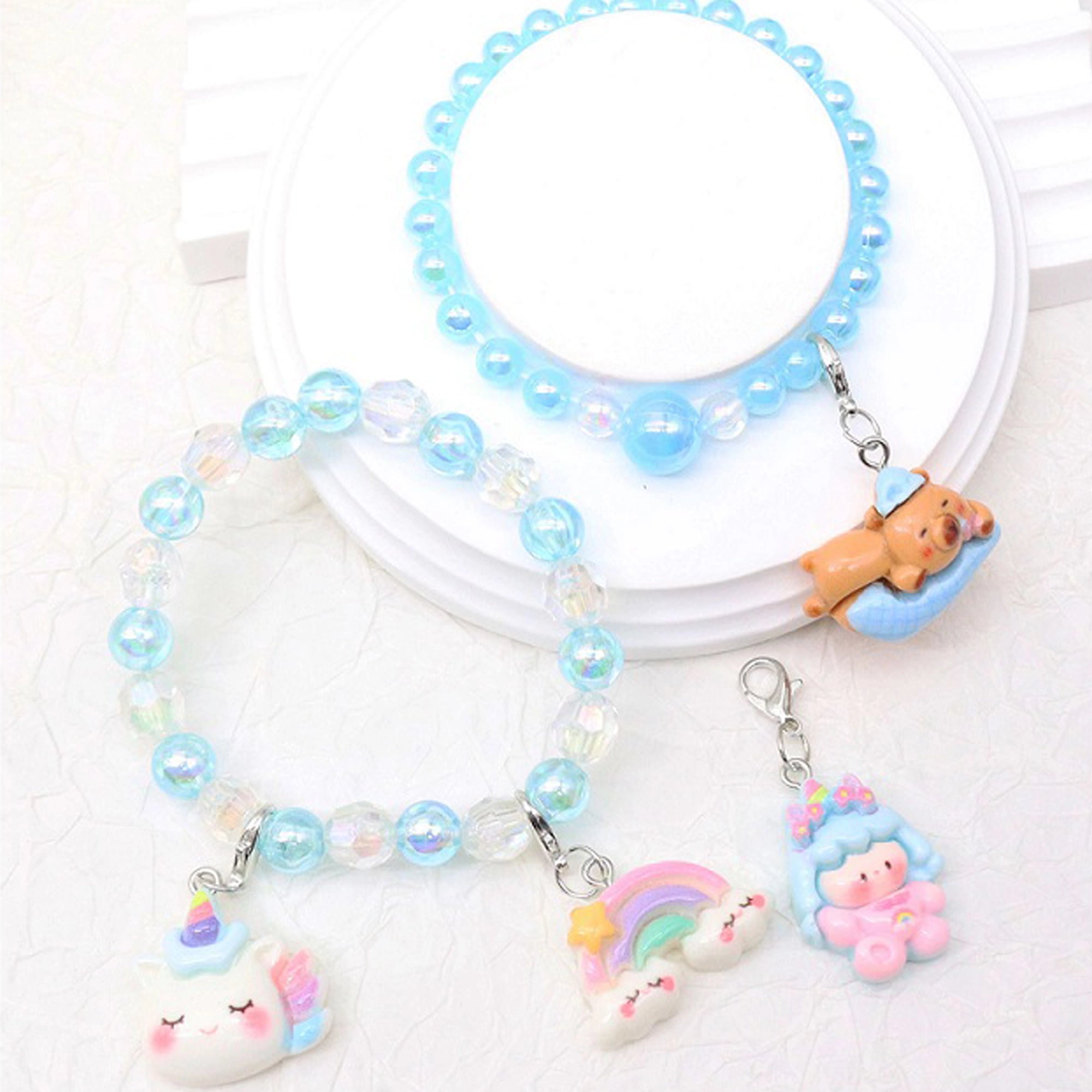 Cute Pastel Beaded Charm Bracelet Set for Girls – Kawaii Unicorn, Rainbow & Bear Charms (ABR1377)