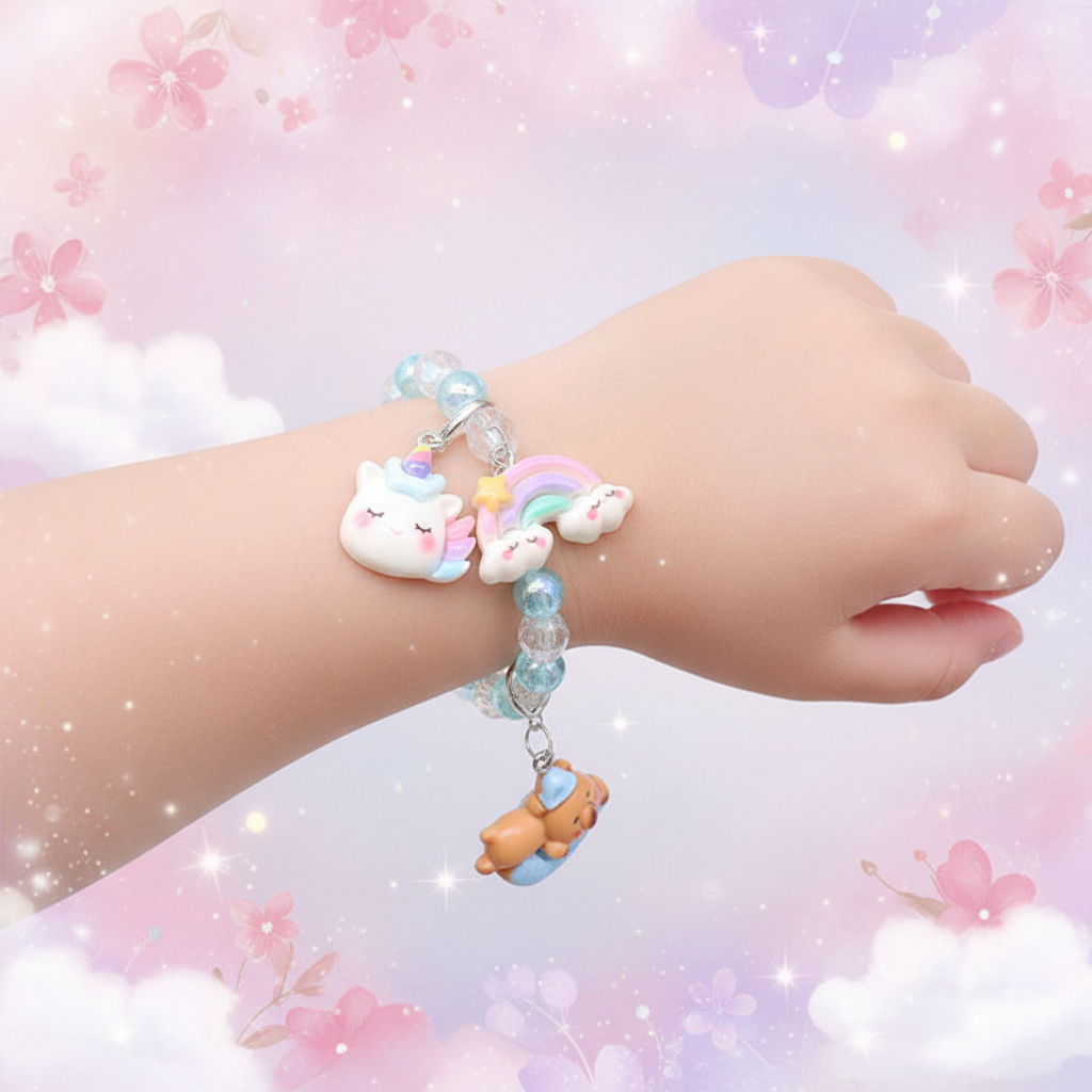 Cute Pastel Beaded Charm Bracelet Set for Girls – Kawaii Unicorn, Rainbow & Bear Charms (ABR1377)