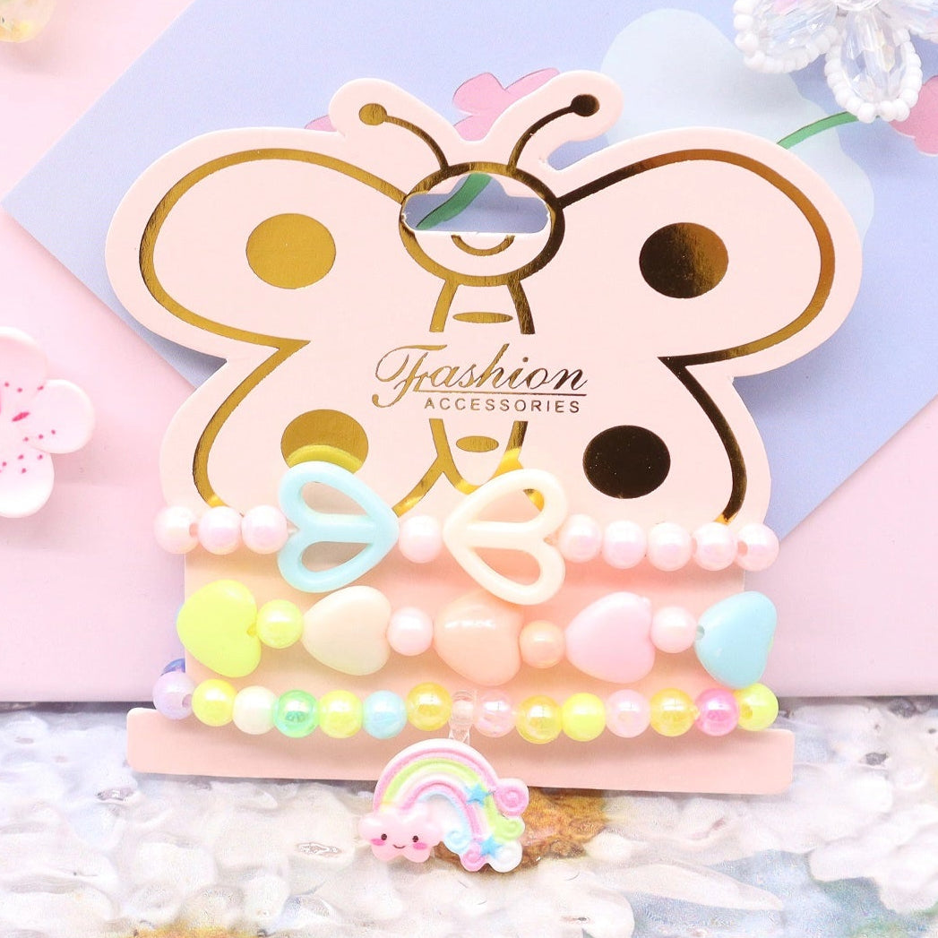 Kids' Pastel Butterfly Beaded Bracelet Set - 3-Piece Charm Jewelry (ABR1382)
