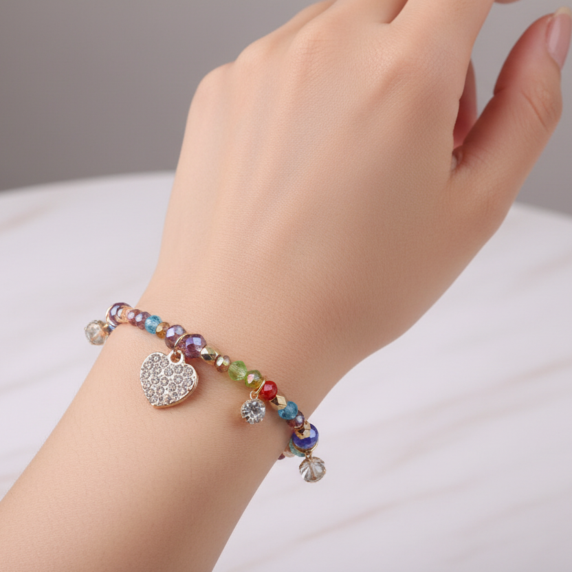 Sparkling Heart Charm Rhinestone Beaded Stretch Bracelet (ABR1387)