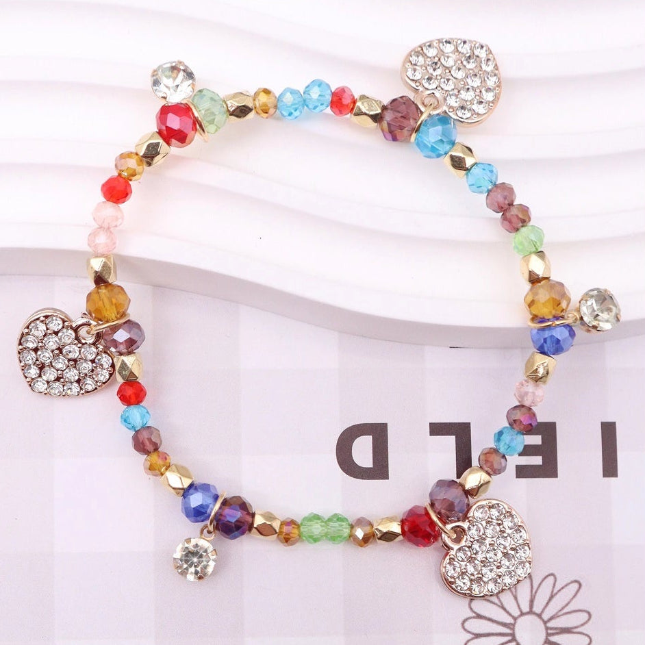 Sparkling Heart Charm Rhinestone Beaded Stretch Bracelet (ABR1387)