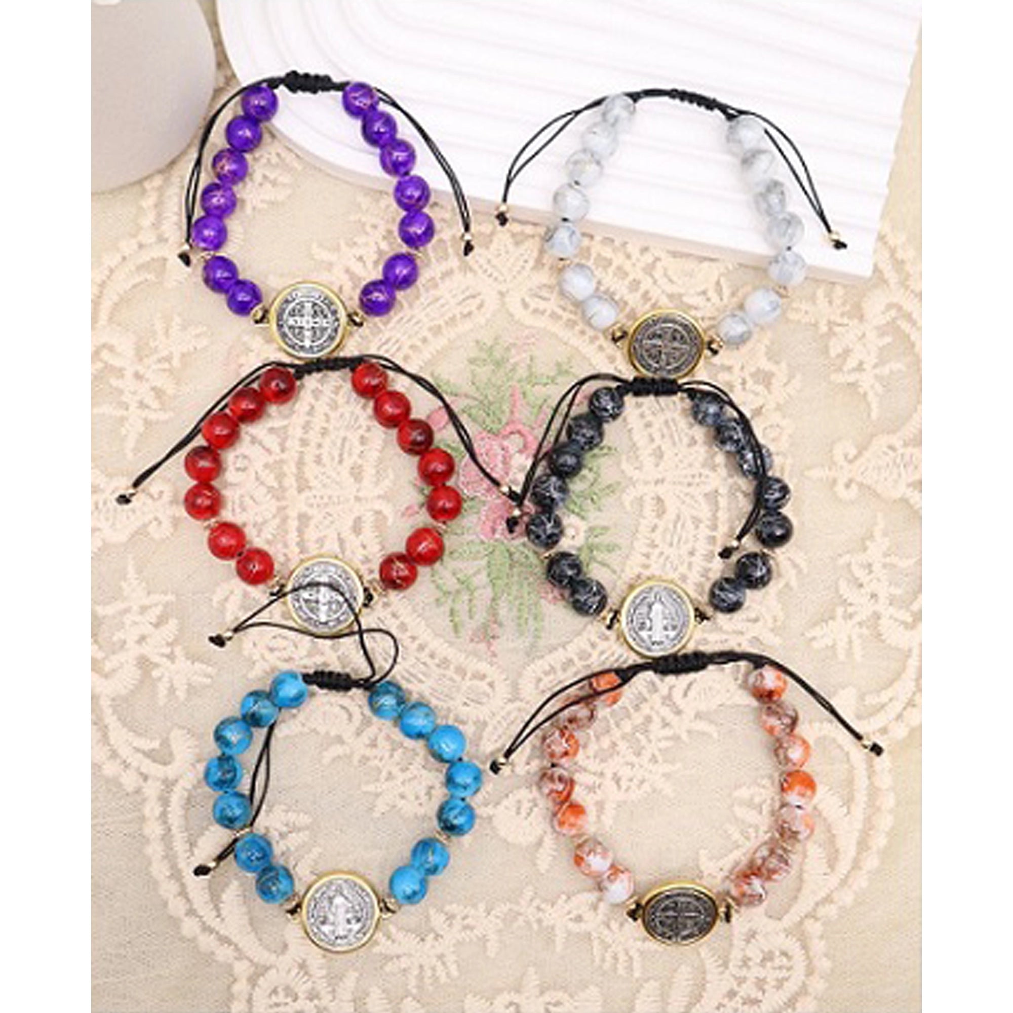 St. Benedict Medal Adjustable Beaded Bracelet | Spiritual Protection Stone Jewelry (ABR1392)