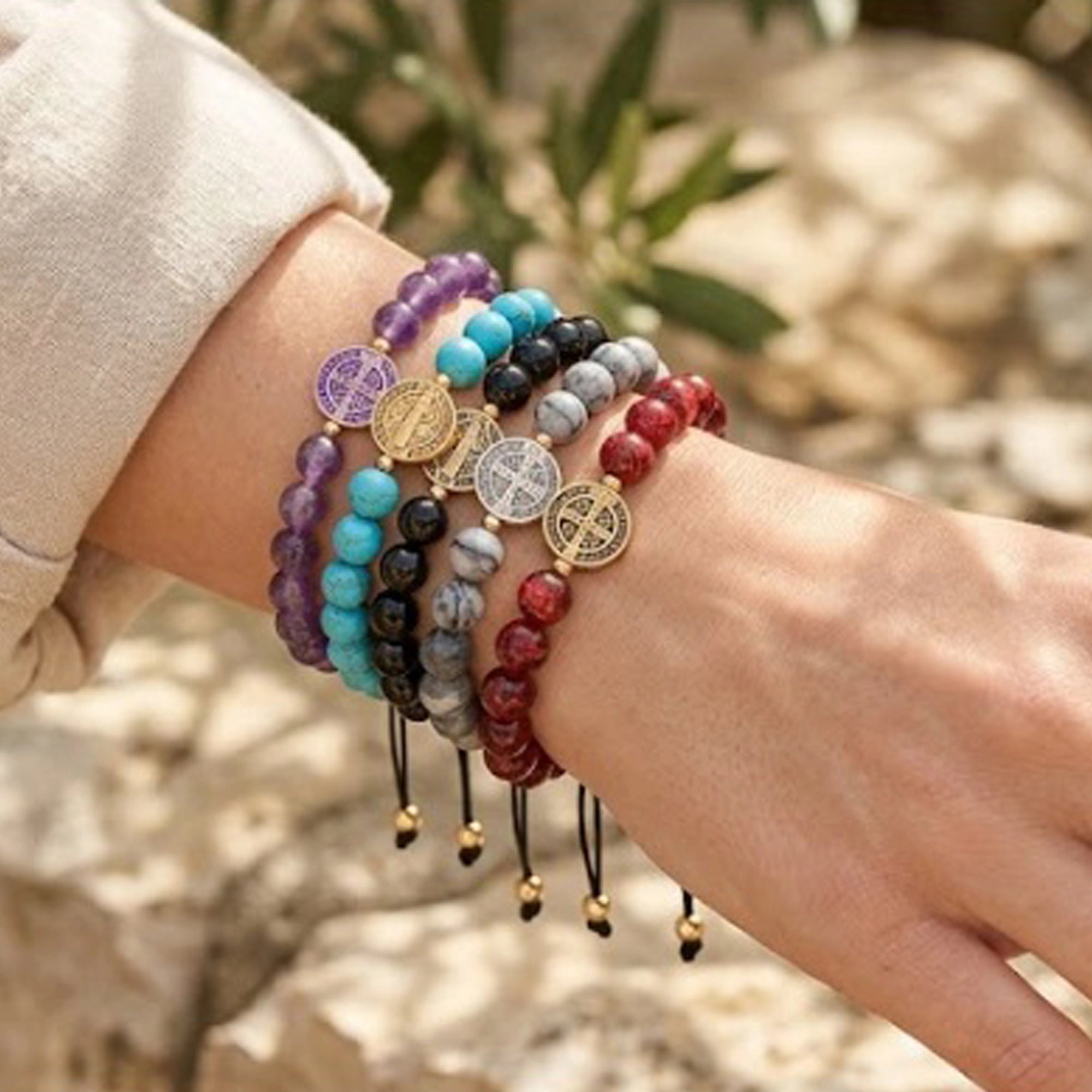 St. Benedict Medal Adjustable Beaded Bracelet | Spiritual Protection Stone Jewelry (ABR1392)