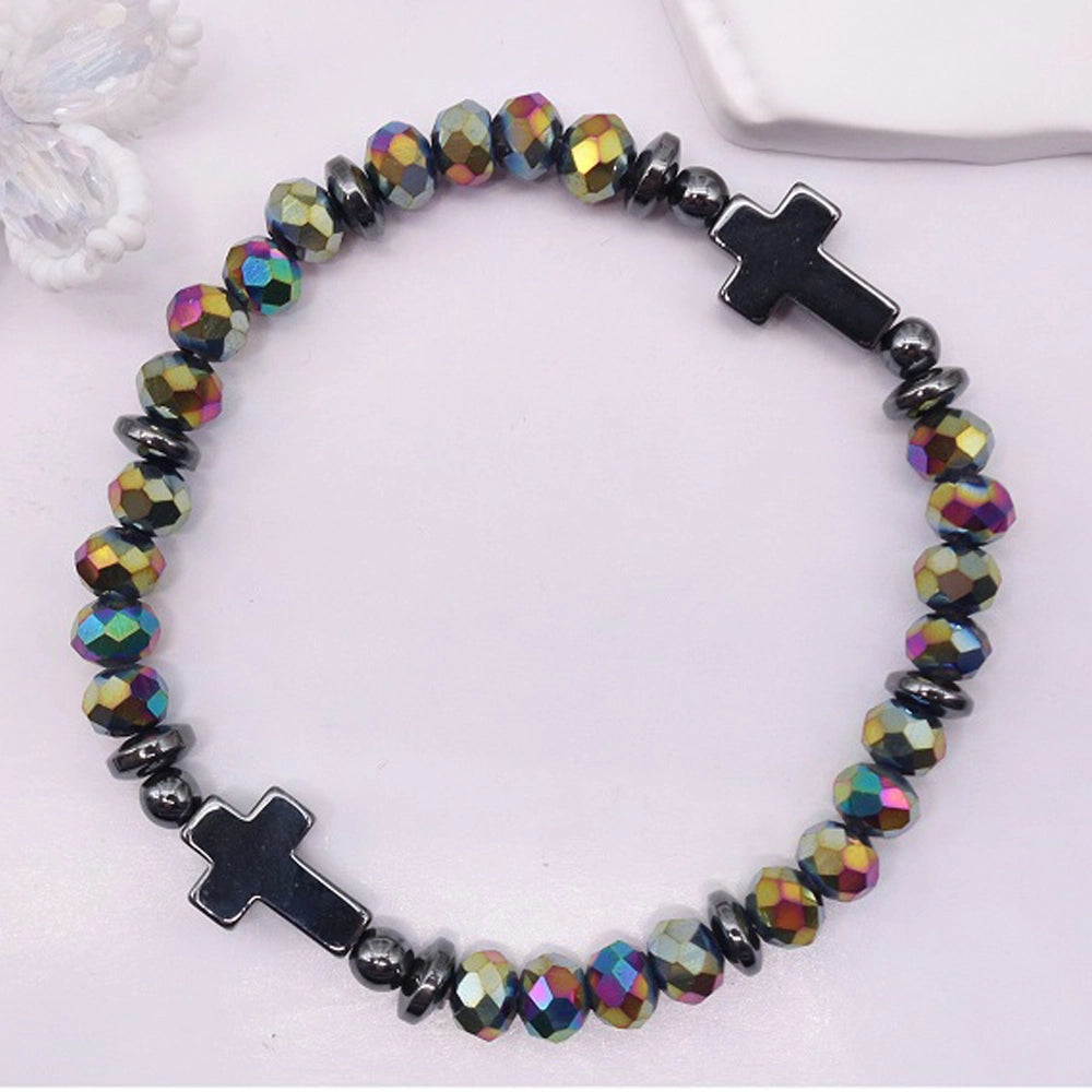 Faceted Crystal Beaded Cross Stretch Bracelet – Religious Jewelry (ABR1401)