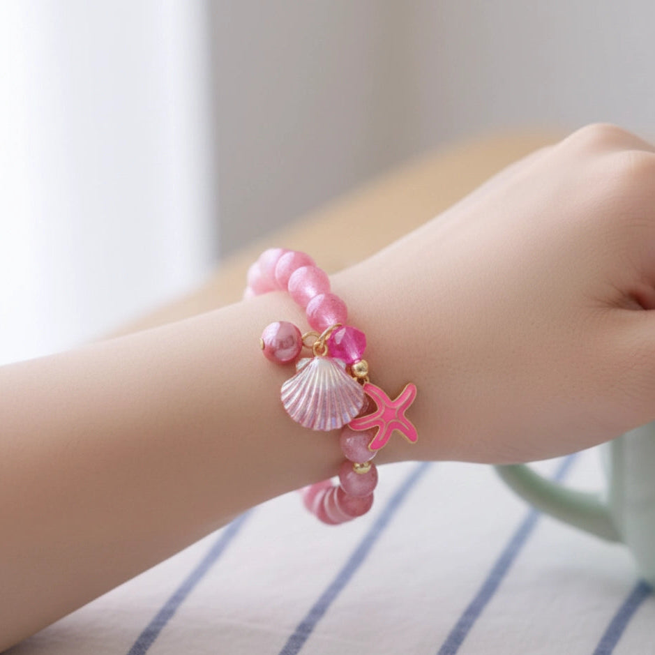 Ocean-Themed Iridescent Beaded Charm Bracelet with Starfish & Seashell (ABR1405)