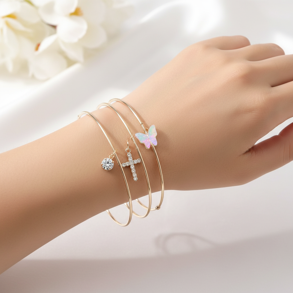 Elegant Trio Charm Bangle Set – Gold & Silver Tone (ABR1421)