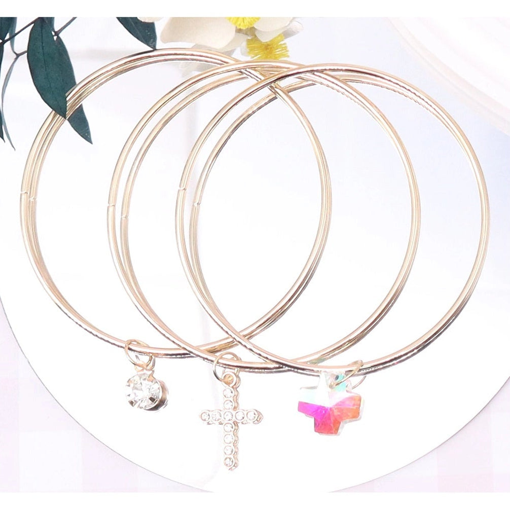 Elegant Trio Charm Bangle Set – Gold & Silver Tone (ABR1421)