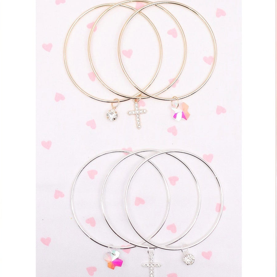 Elegant Trio Charm Bangle Set – Gold & Silver Tone (ABR1421)