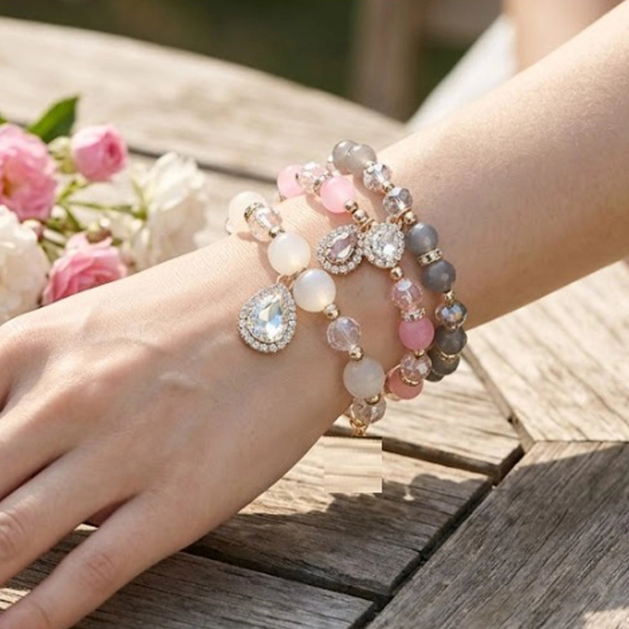 Elegant Rhinestone Charm Beaded Bracelet Stack – Stretch Layering Bracelets (ABR1425)
