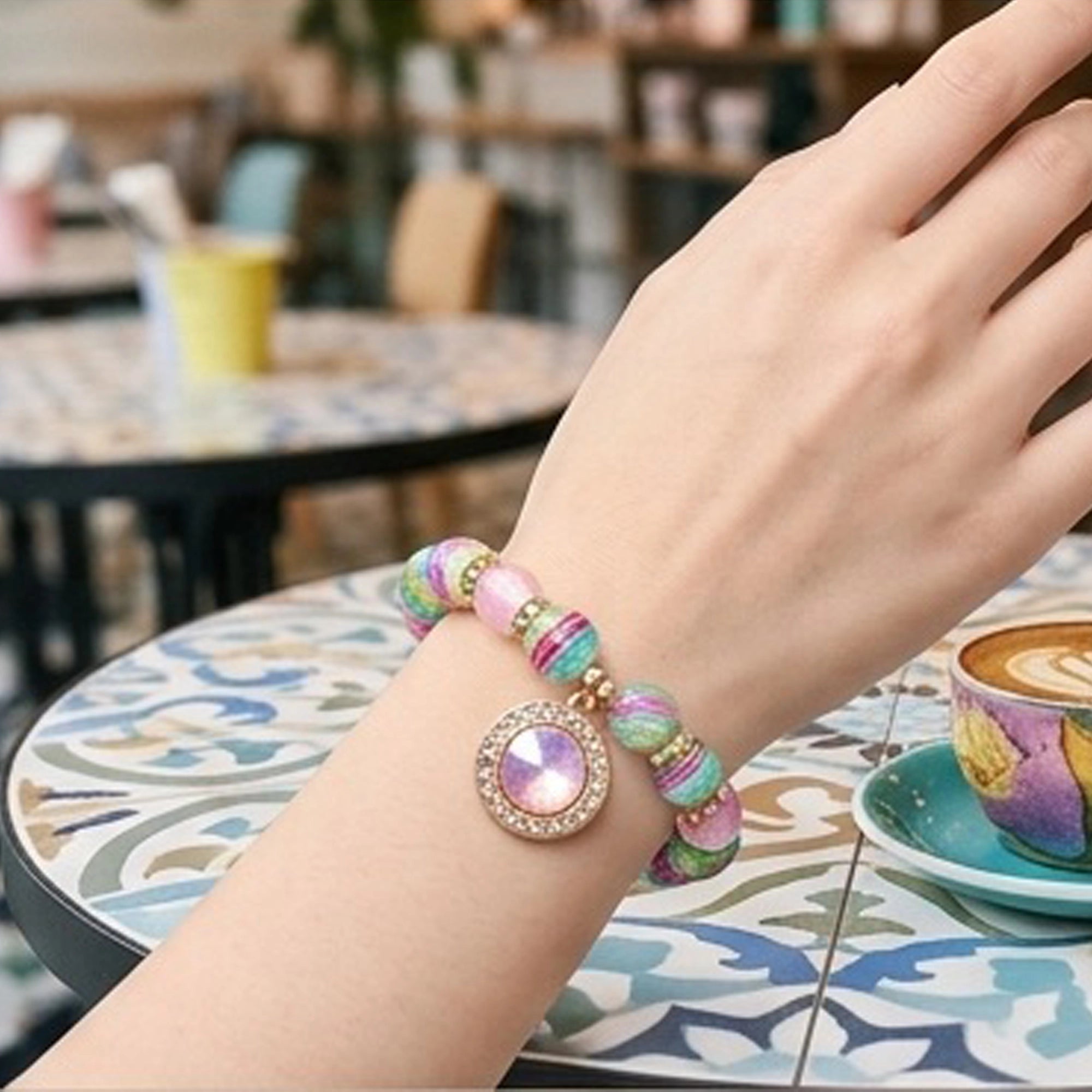 Boho Colorful Beaded Charm Bracelet with Rhinestone Crystal Pendant (ABR1427)