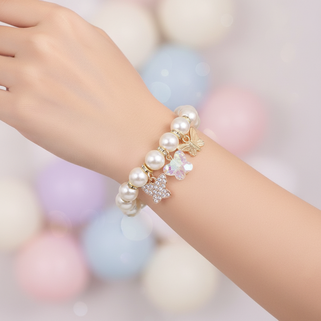 Elegant Butterfly Charm Pearl Bracelet (ABR1429)