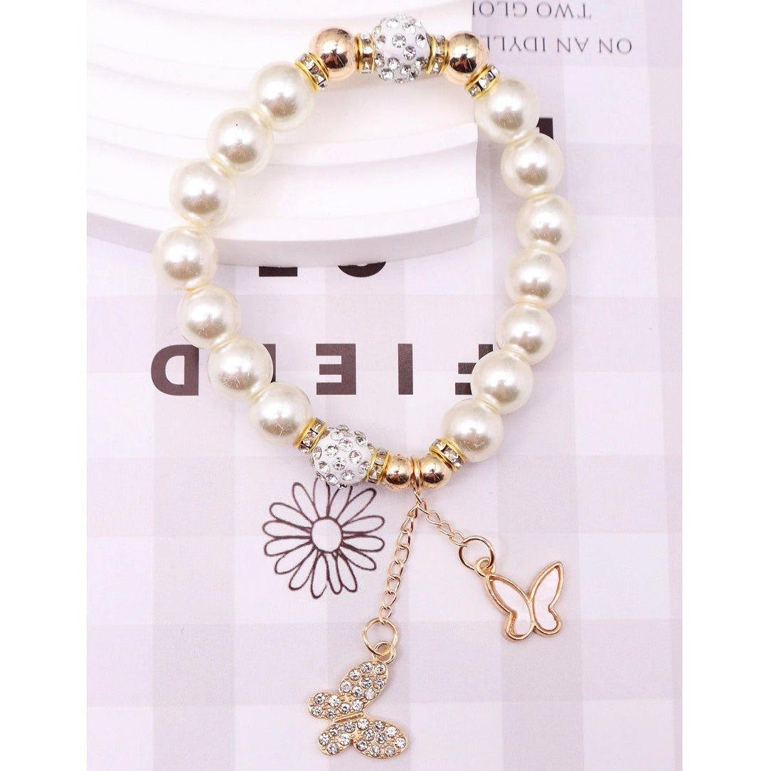 Elegant Faux Pearl Charm Bracelet with Crystal Butterfly Pendants (ABR1431)