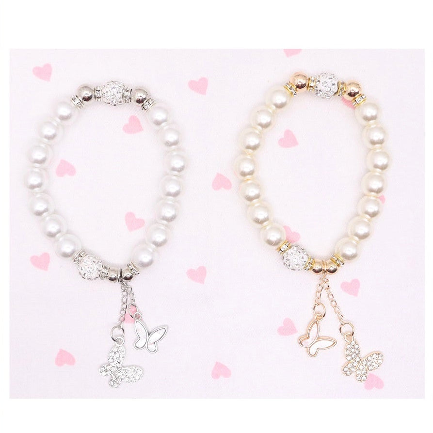 Elegant Faux Pearl Charm Bracelet with Crystal Butterfly Pendants (ABR1431)