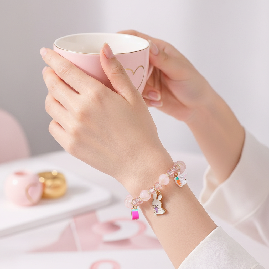 Cute Bunny Charm Beaded Bracelet for Girls – Pastel Colored Crystal & Resin Beaded Elastic Bracelets, Kawaii Animal Jewelry Gift Set (ABR1438)