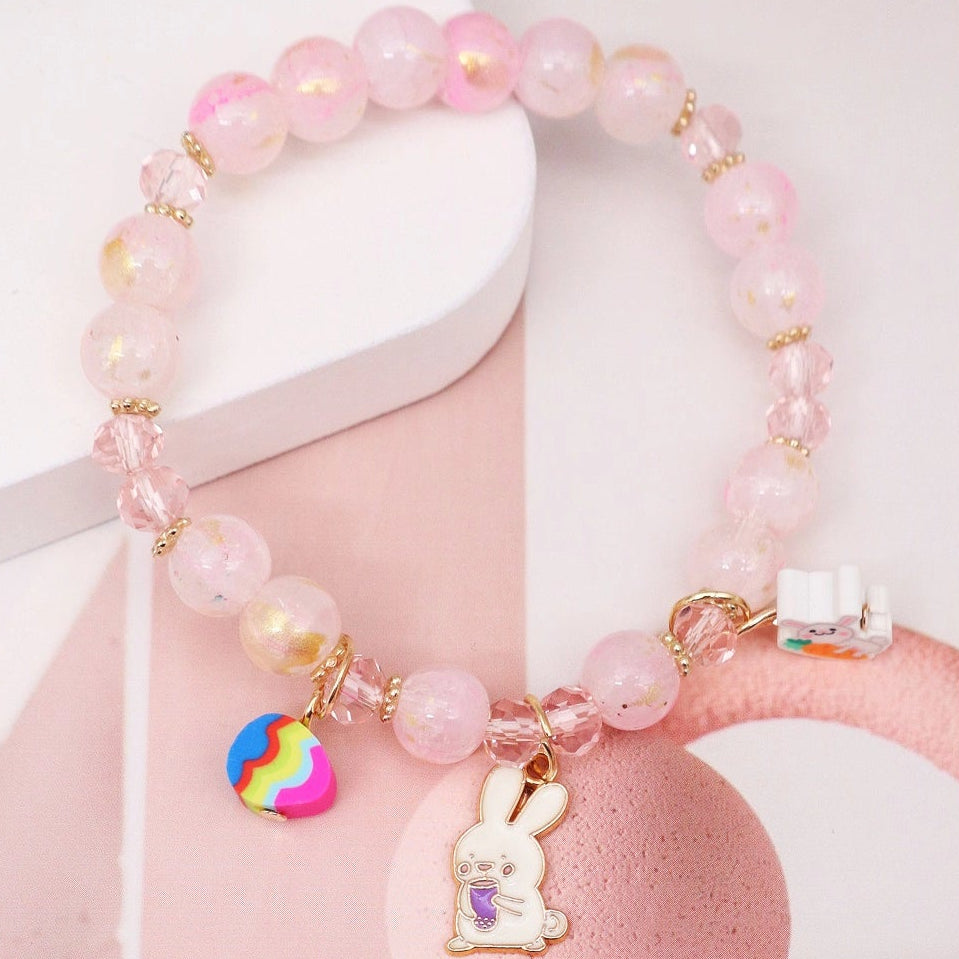 Cute Bunny Charm Beaded Bracelet for Girls – Pastel Colored Crystal & Resin Beaded Elastic Bracelets, Kawaii Animal Jewelry Gift Set (ABR1438)