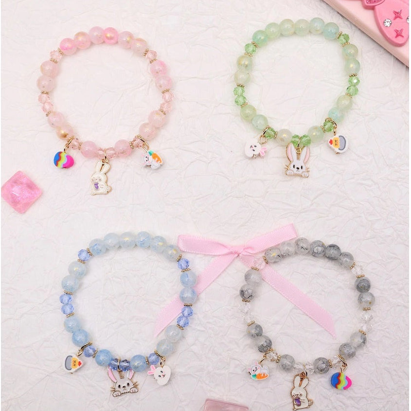 Cute Bunny Charm Beaded Bracelet for Girls – Pastel Colored Crystal & Resin Beaded Elastic Bracelets, Kawaii Animal Jewelry Gift Set (ABR1438)