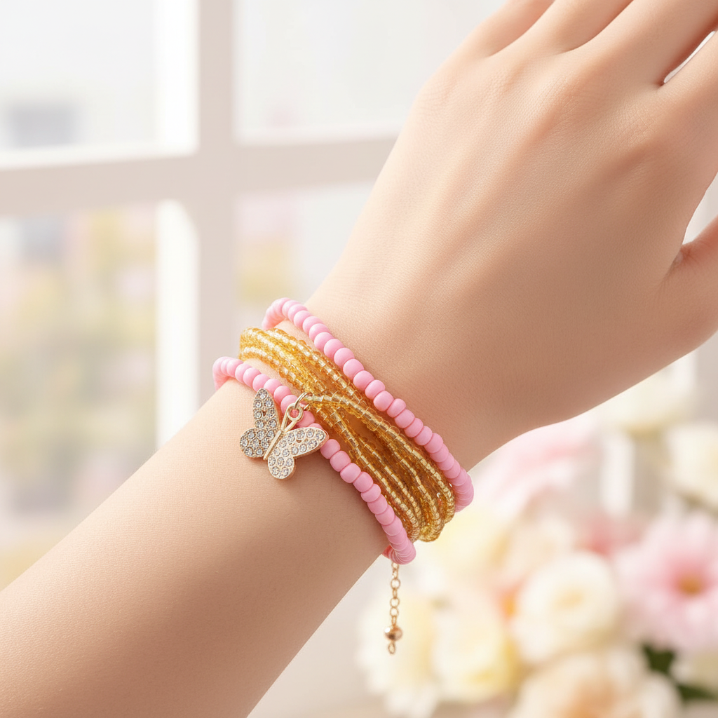 Bohemian Butterfly Beaded Bracelet Set – Multi-Layer Stackable Seed Bead Anklet & Bracelet Pack for Women and Girls, Cute Summer Jewelry (ABR1440)