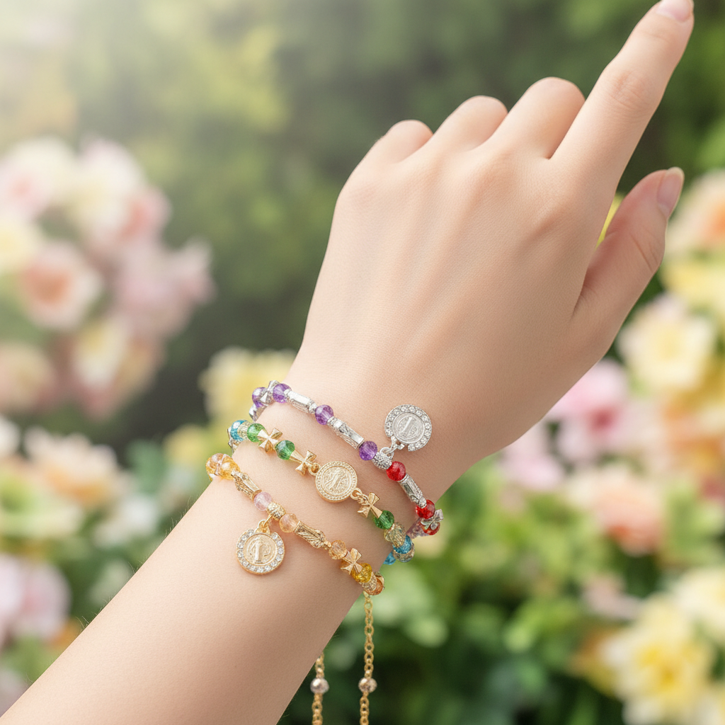 Catholic Saint Benedict Rosary Bracelet | Colorful Crystal Bead & Gold Cross Religious Protection Jewelry (ABR1446)