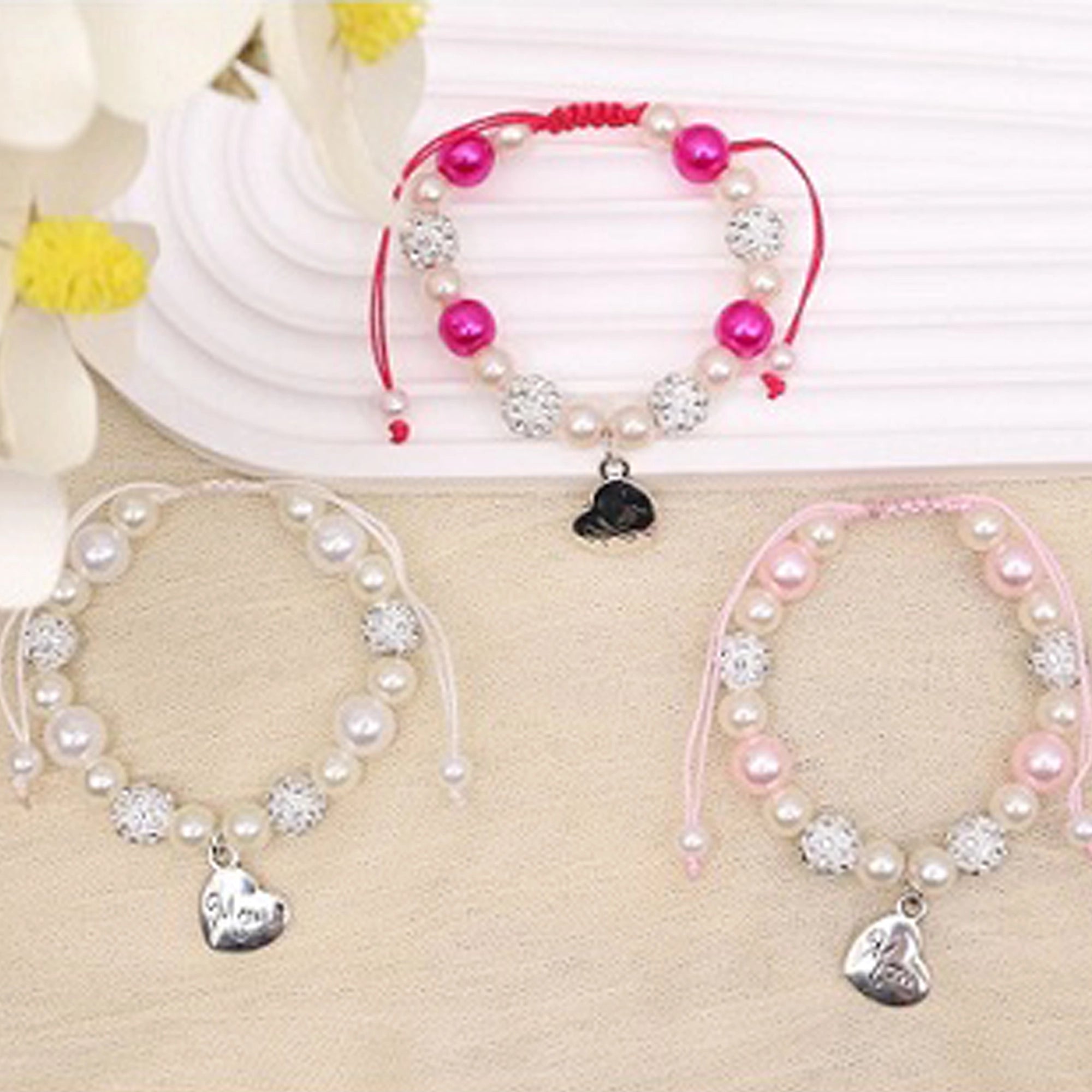 Mom Heart Charm Beaded Bracelet Set - Rhinestone & Faux Pearl Adjustable Jewelry (ABR1457)