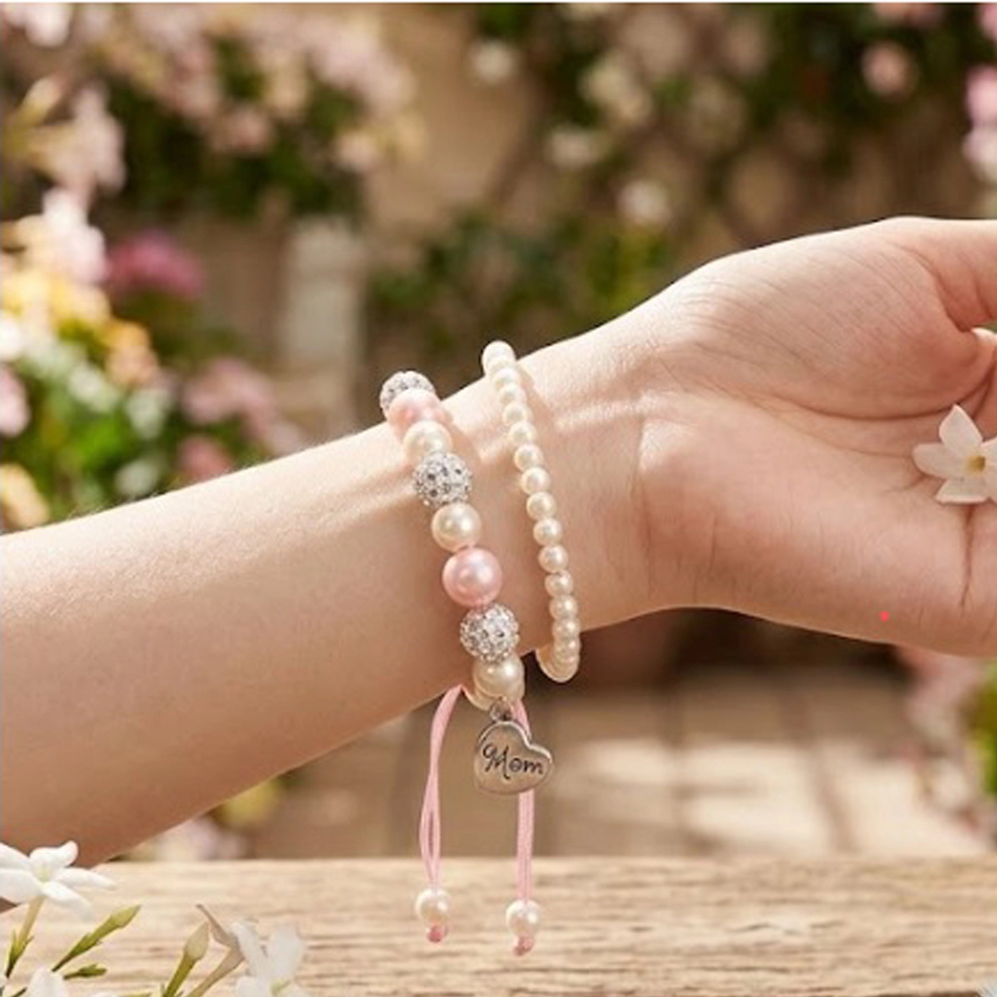 Mom Heart Charm Beaded Bracelet Set - Rhinestone & Faux Pearl Adjustable Jewelry (ABR1457)