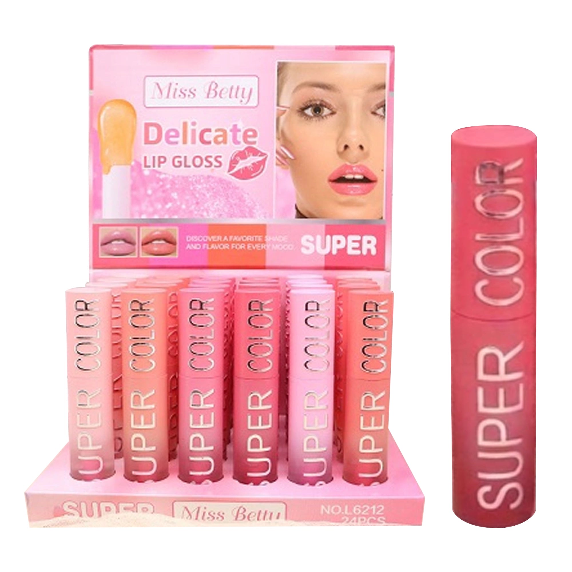 Miss Betty Delicate Lip Gloss Set – 24-Piece Super Color High-Shine Hydrating Liquid Lipstick Bulk Display Box (ACO2165)