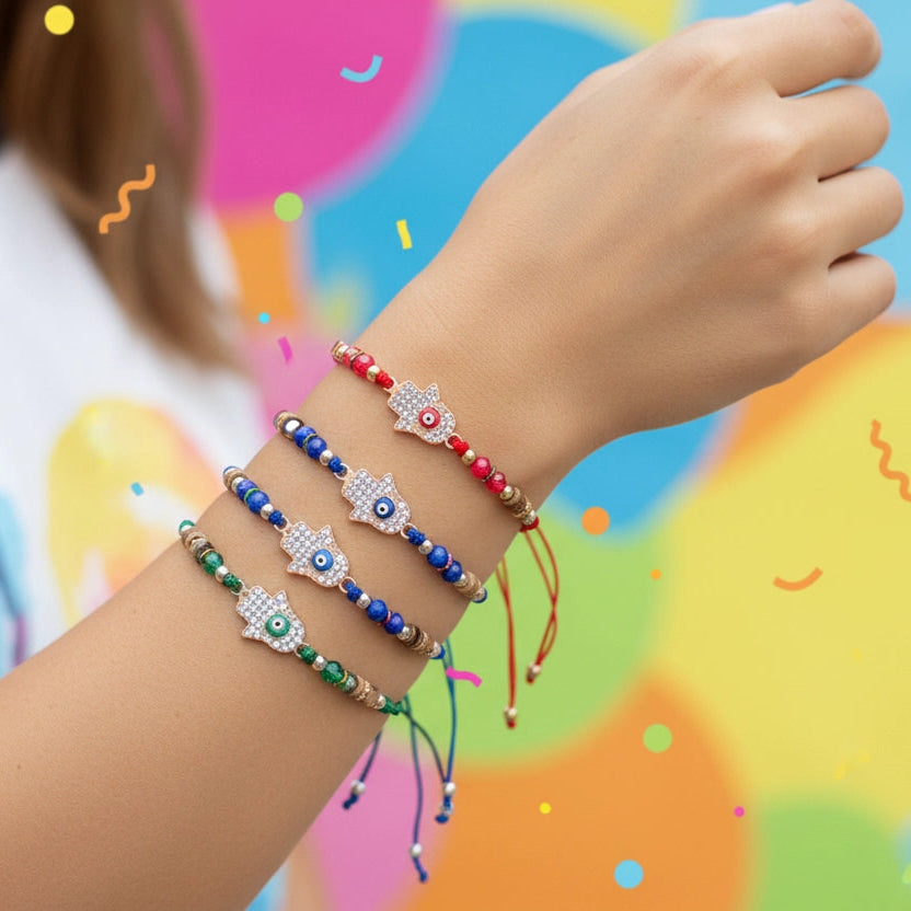 Boho Hamsa & Evil Eye Protection Bracelet Set (12-Pack) - Adjustable