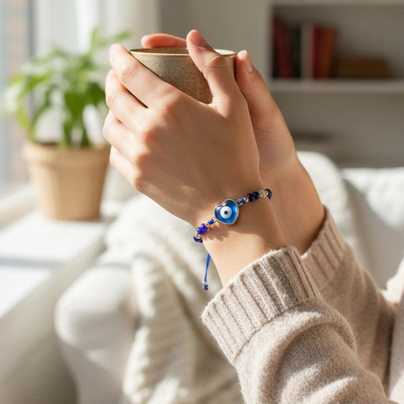 Evil Eye Heart Charm Protection Bracelet - Red & Blue Kabbalah String Adjustable