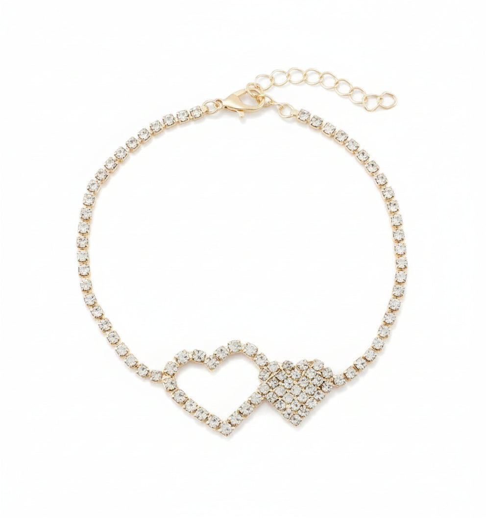 Sparkling Double Heart Adjustable Anklet | Crystal-Look Ankle Bracelet for Women